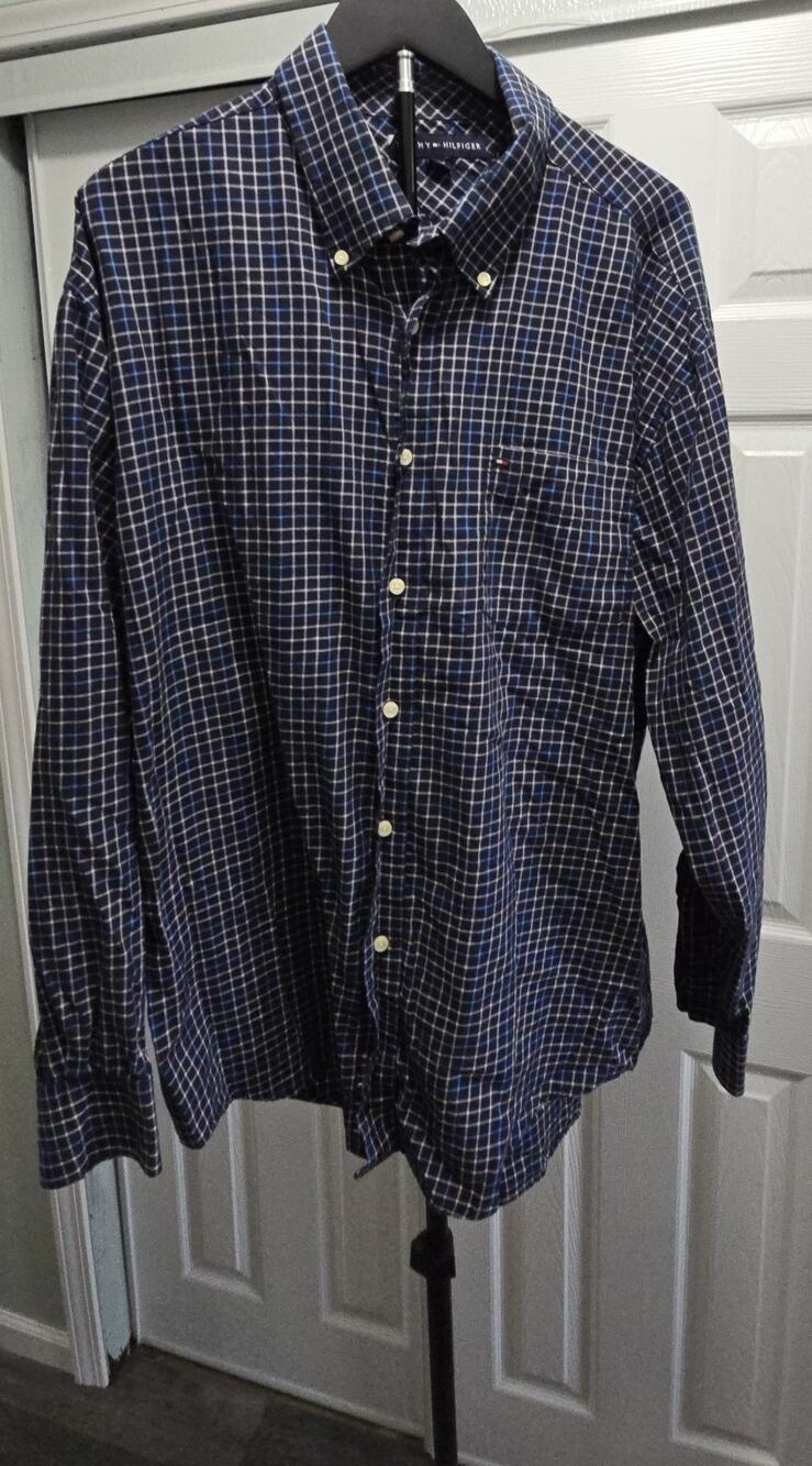 Tommy Hilfiger Mens XL Blue Plaid‎ Cotton Button Down Shirt Long Sleeve Check